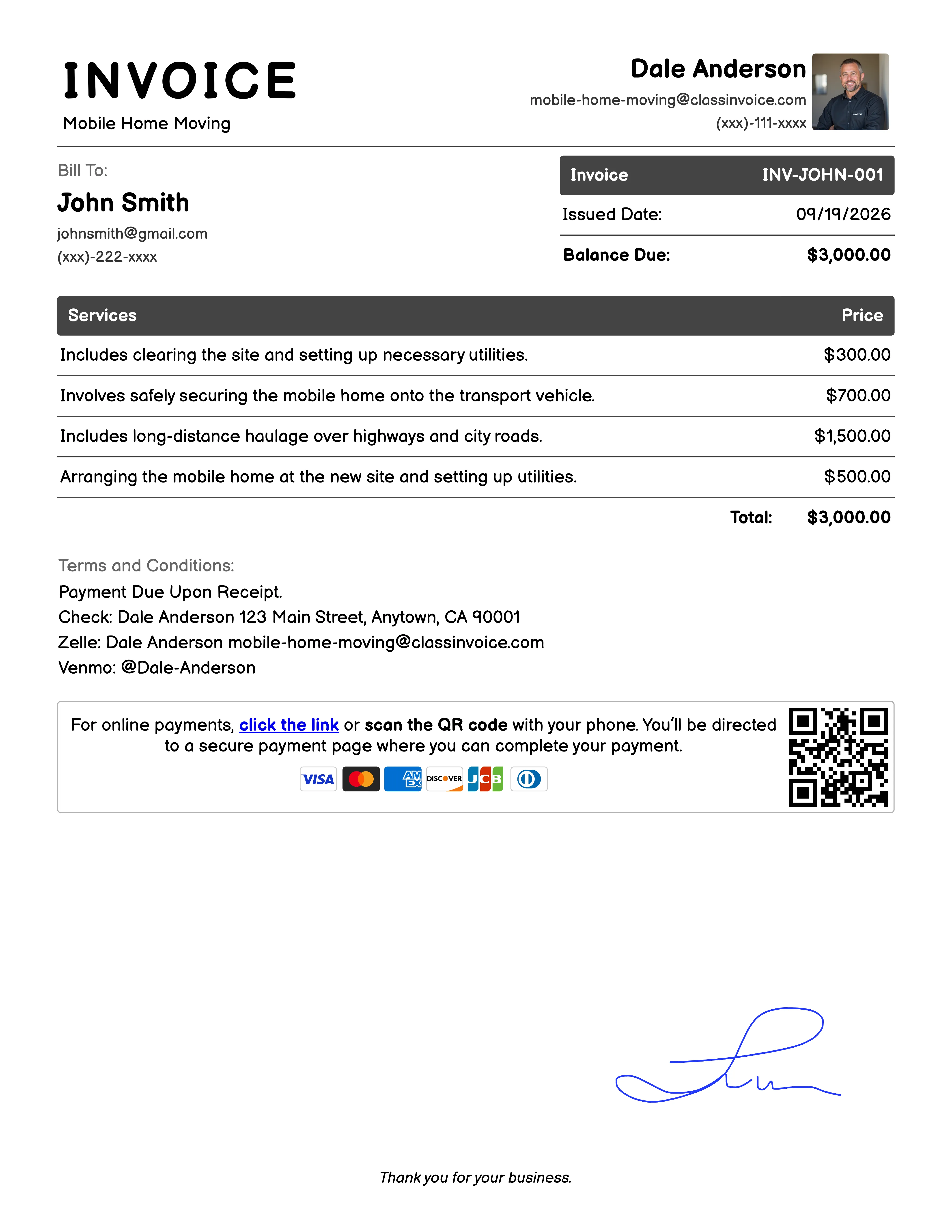 Mobile Home Moving Invoice Example