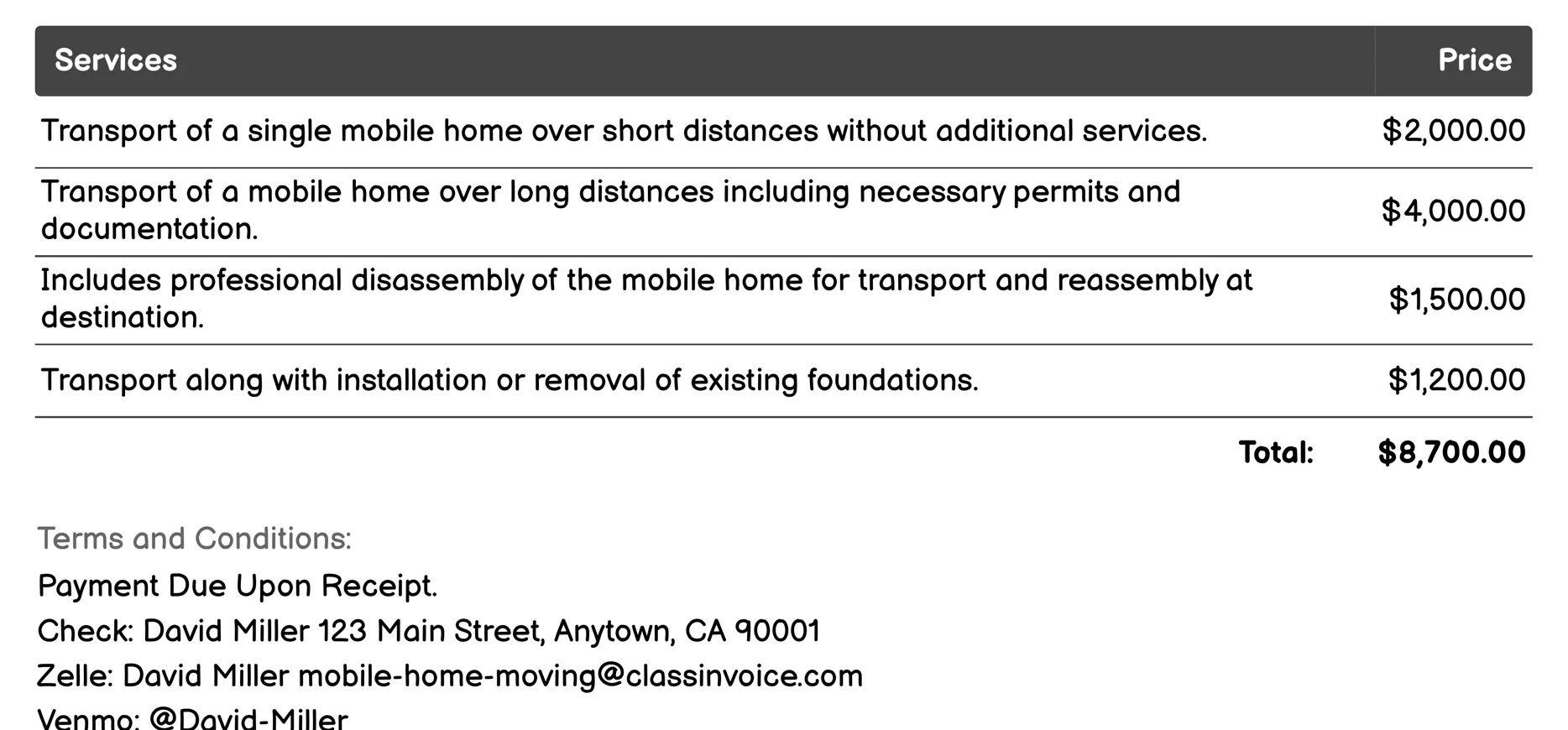 Transportation Invoice Example