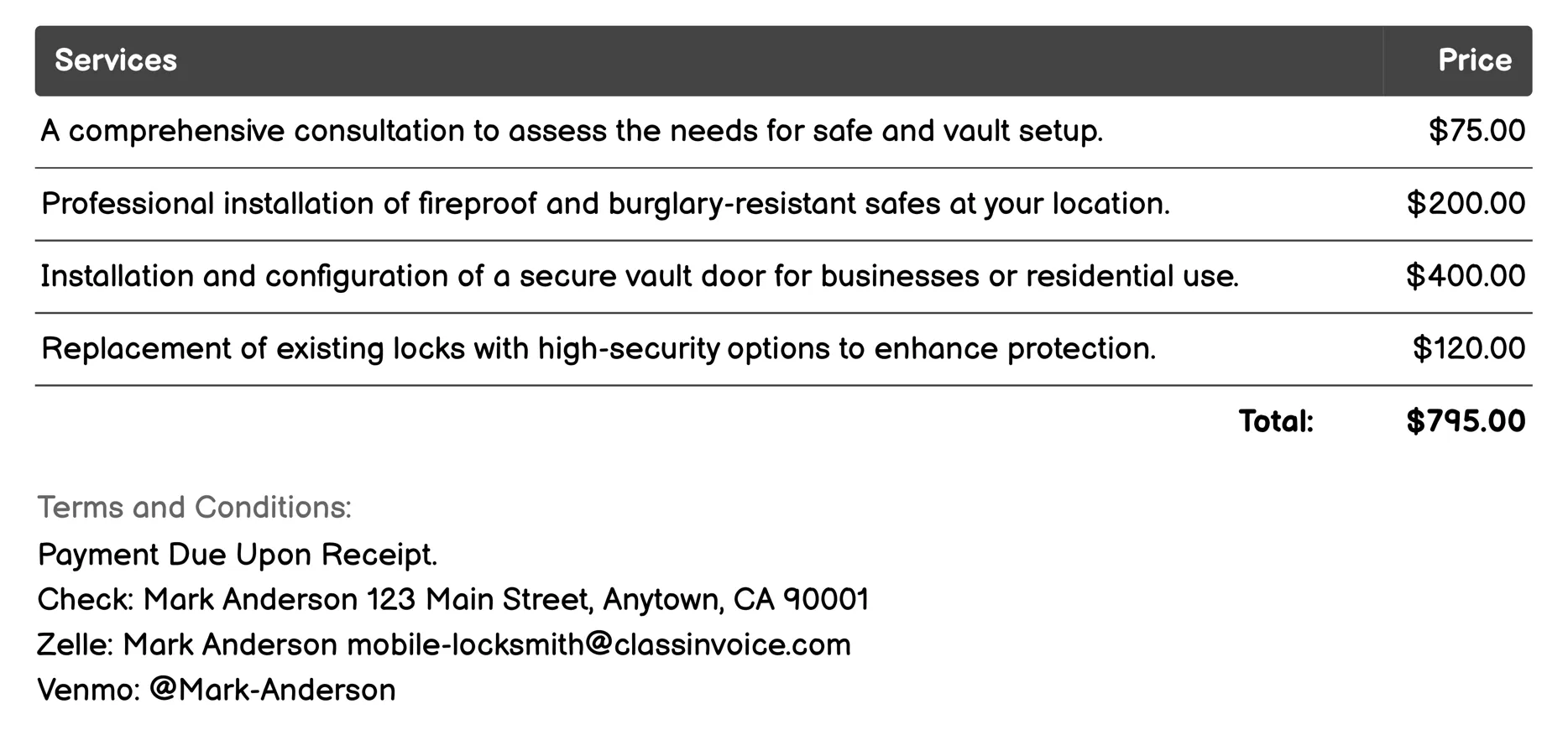 Safe and Vault Setup Invoice Example