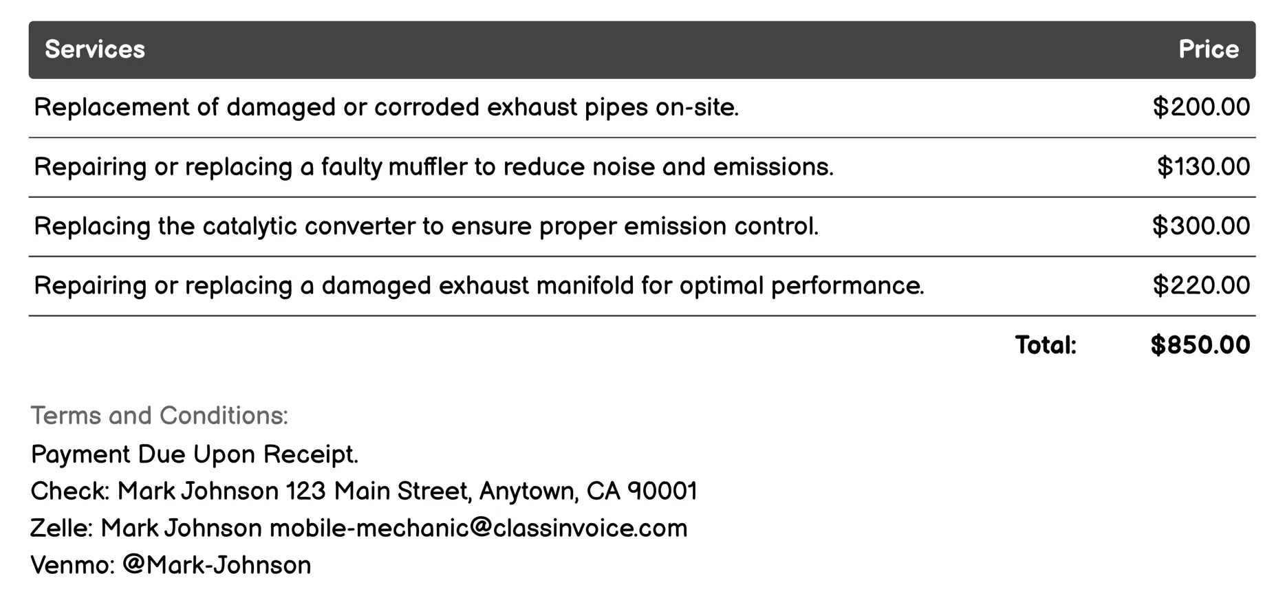 Exhaust System Repair Invoice Example