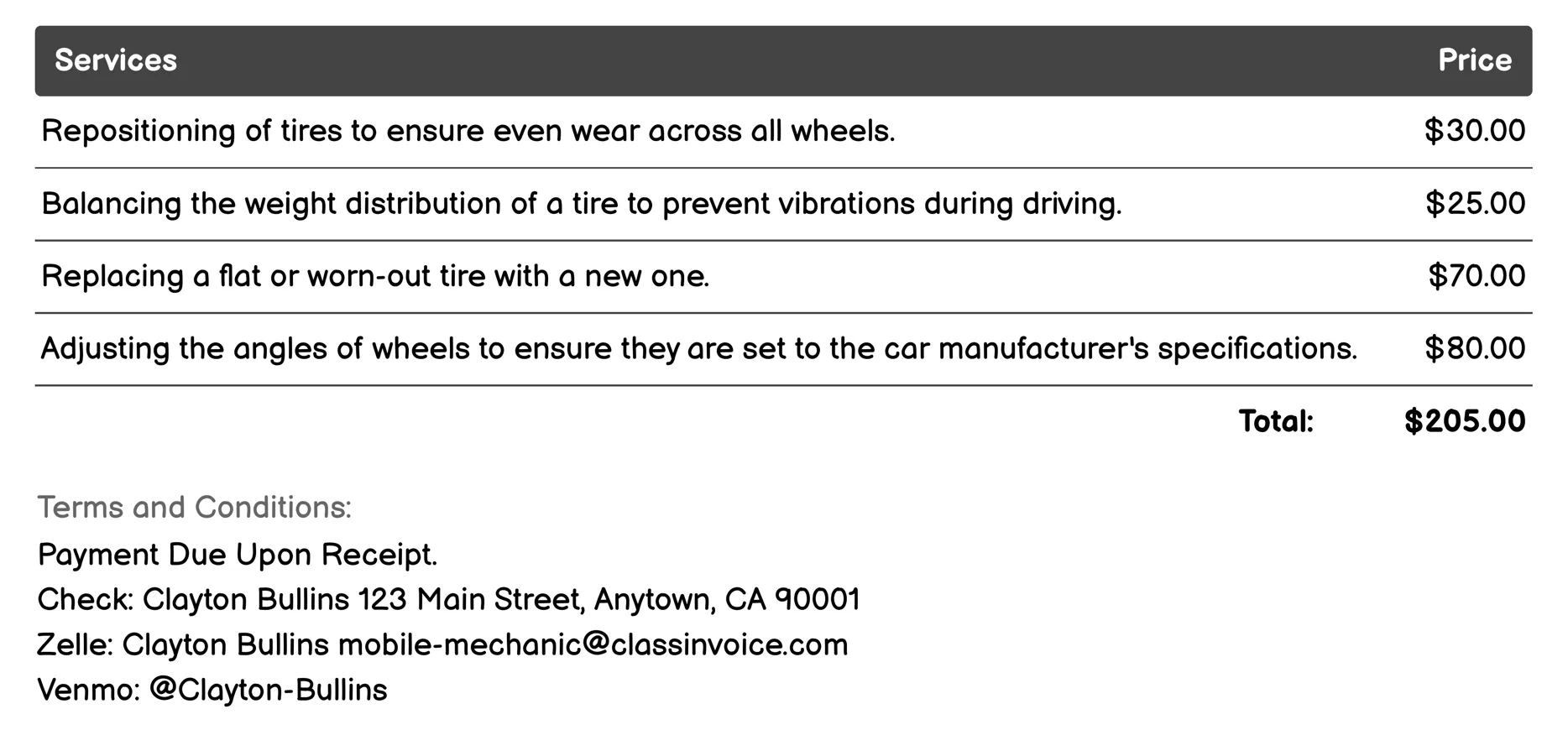 Tire Services Invoice Example