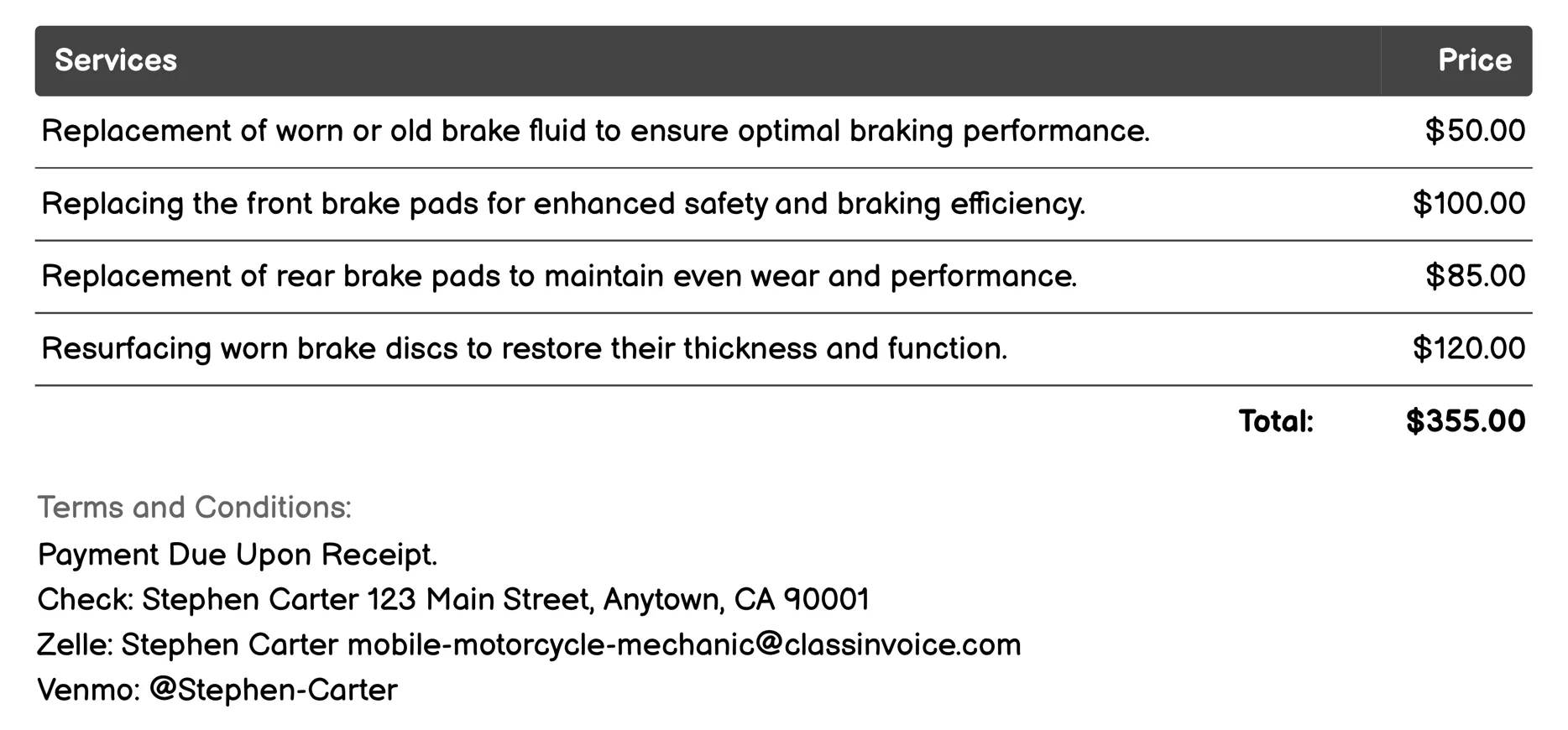 Brake Service Invoice Example