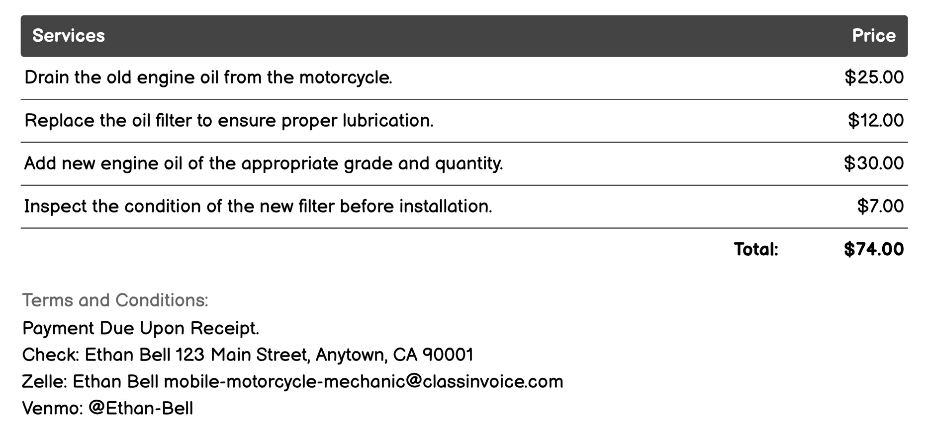 Oil Change Invoice Example