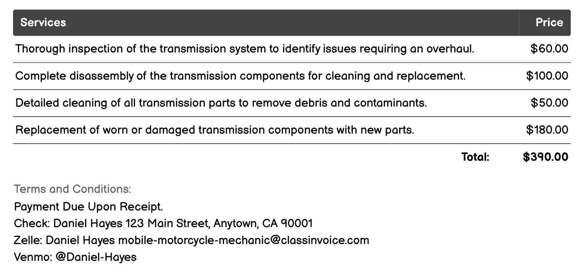 Transmission Overhaul Invoice Example