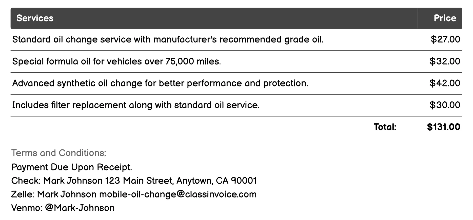 Express Oil Change Invoice Example