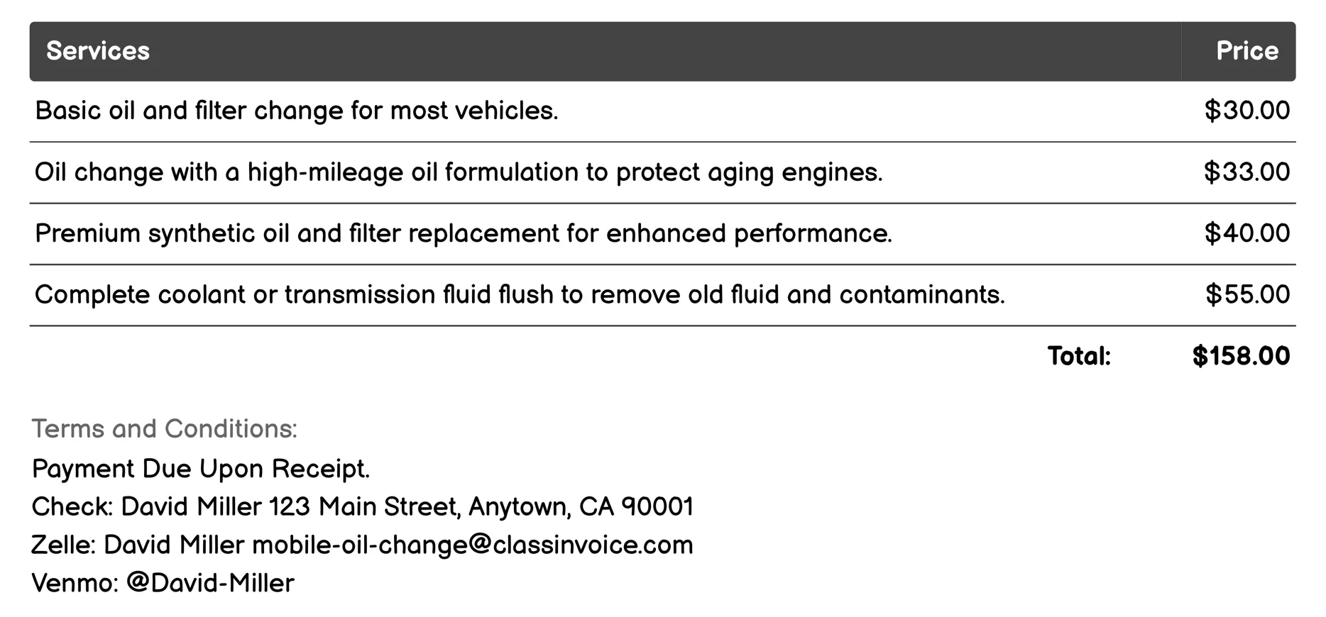 Mobile On-Site Change Invoice Example