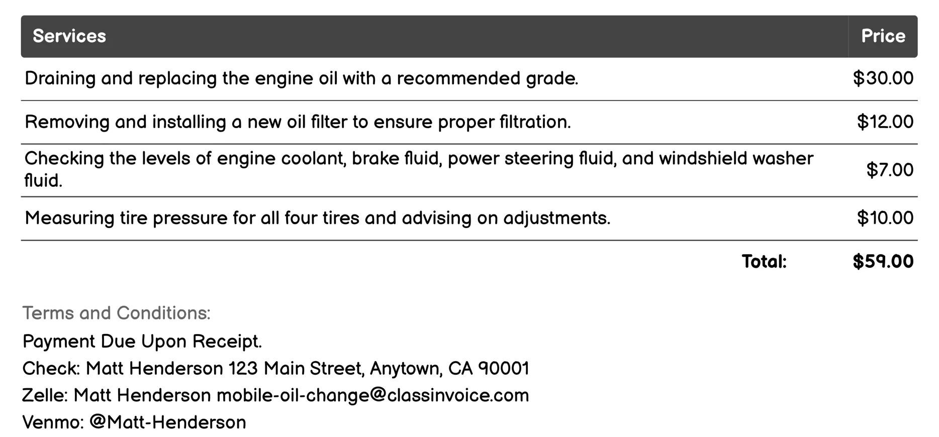 Oil Change with Inspection Invoice Example