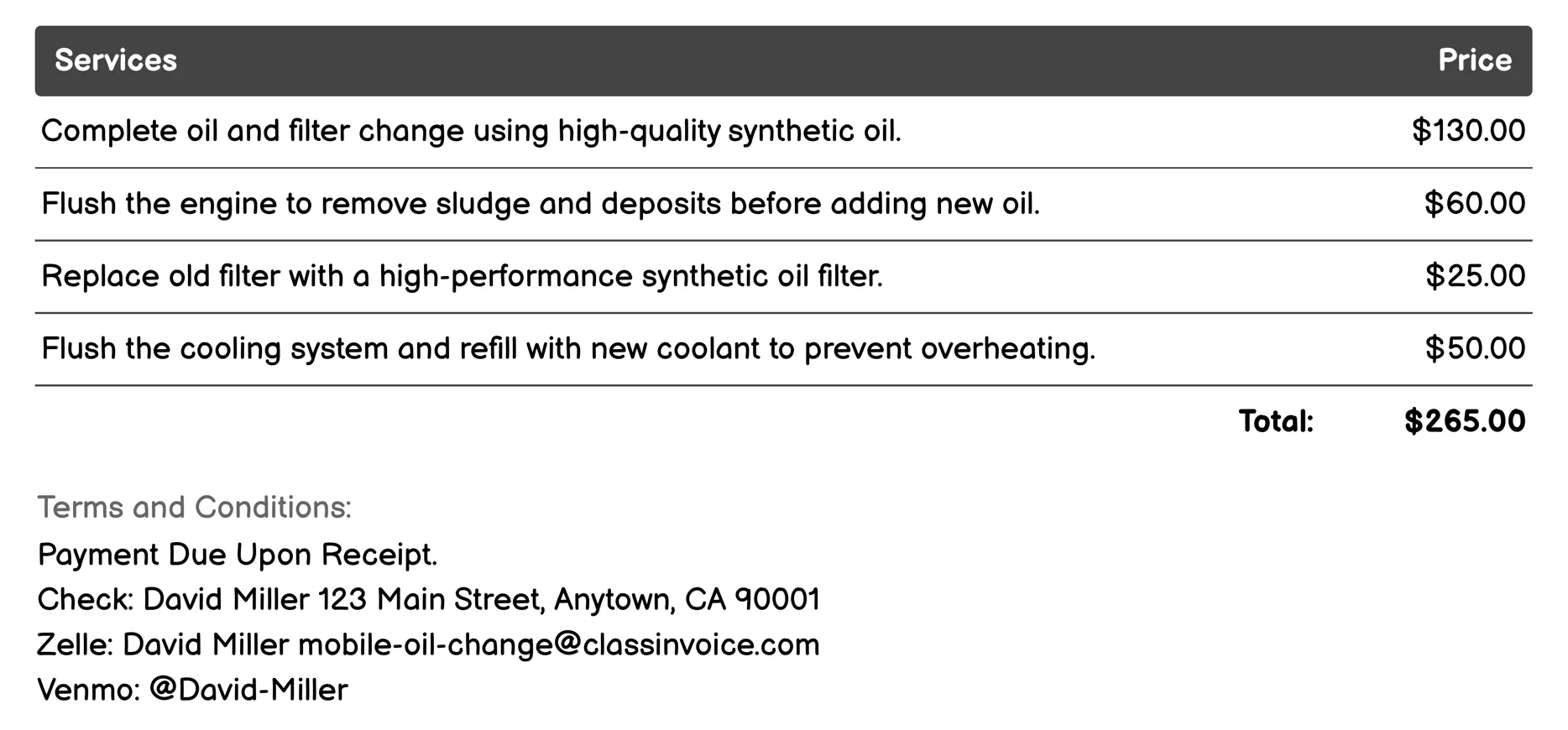 Premium Synthetic Oil Change Invoice Example