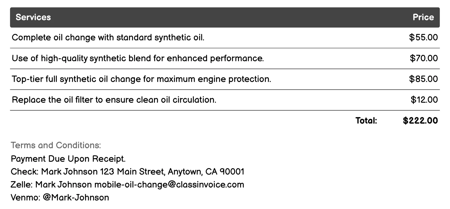 Seasonal Oil Service Invoice Example