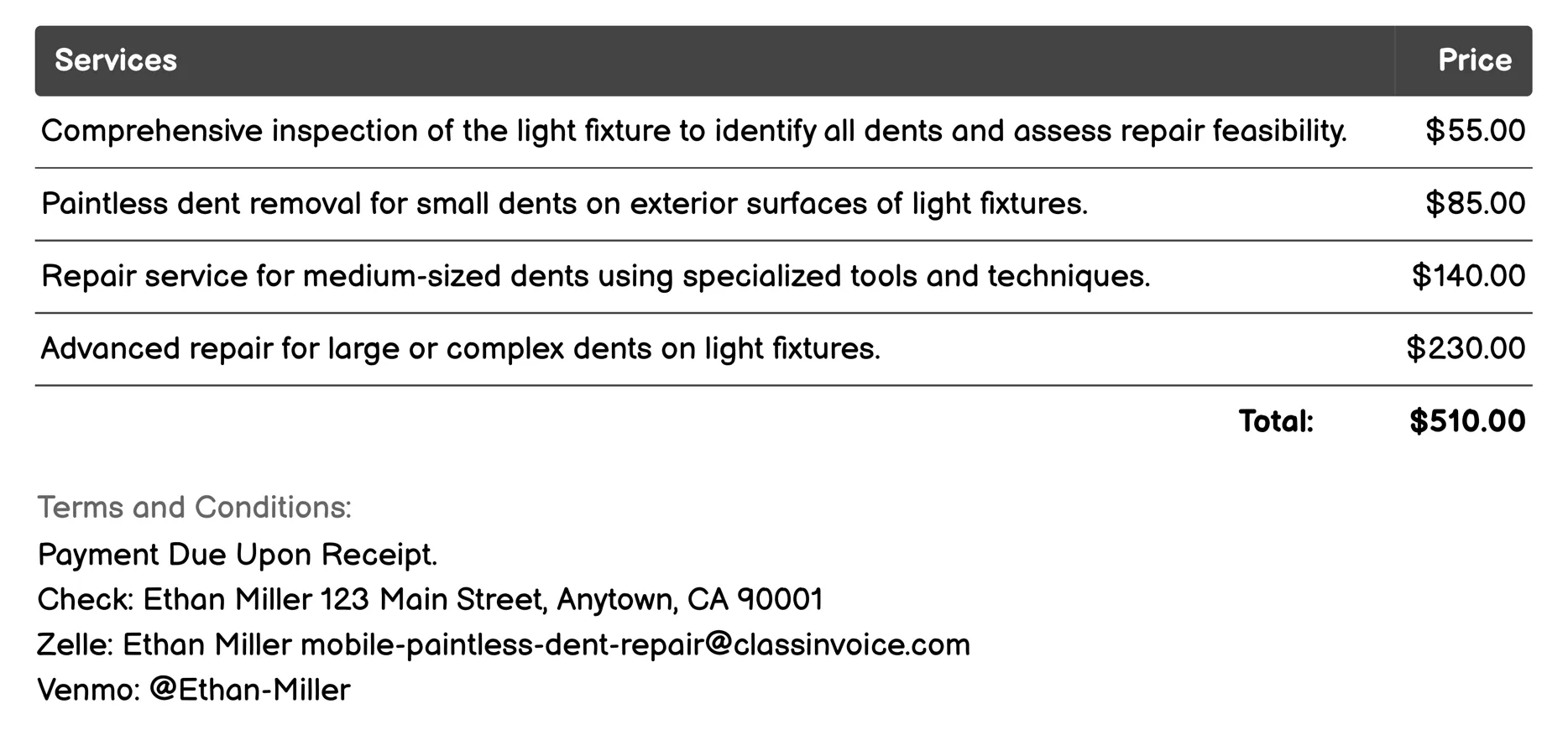 Light Fixture Dent Removal Invoice Example