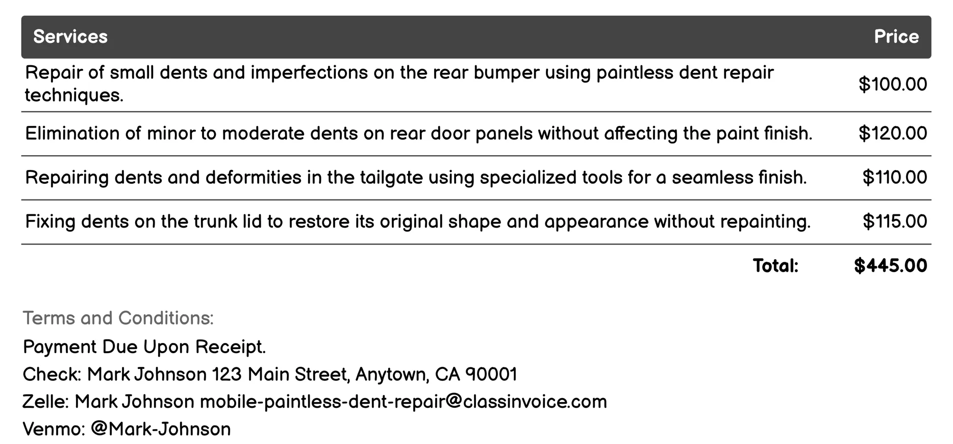 Rear End Damage Invoice Example