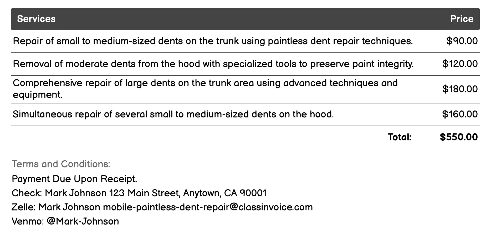 Trunk and Hood Dent Repair Invoice Example