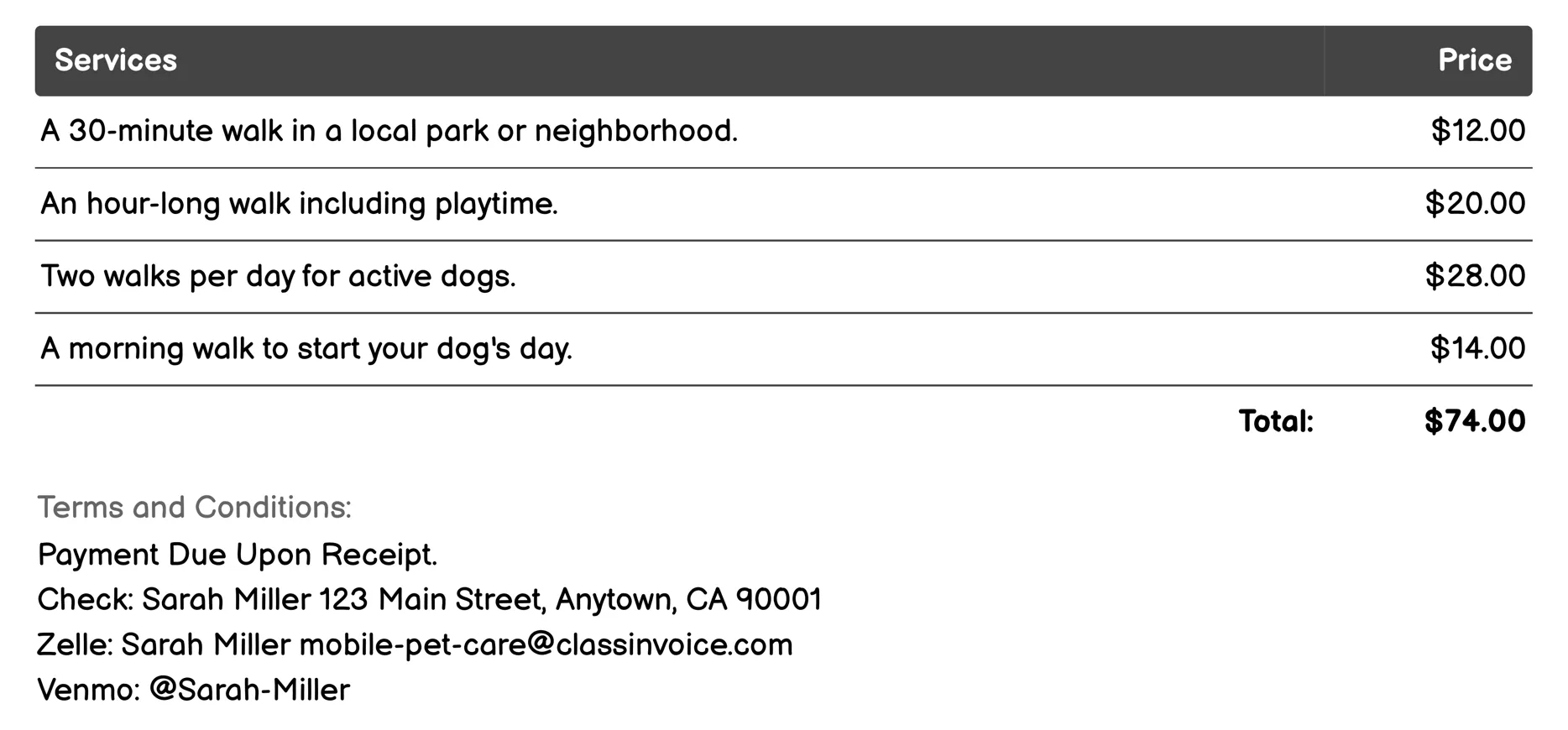 Dog Walking Invoice Example