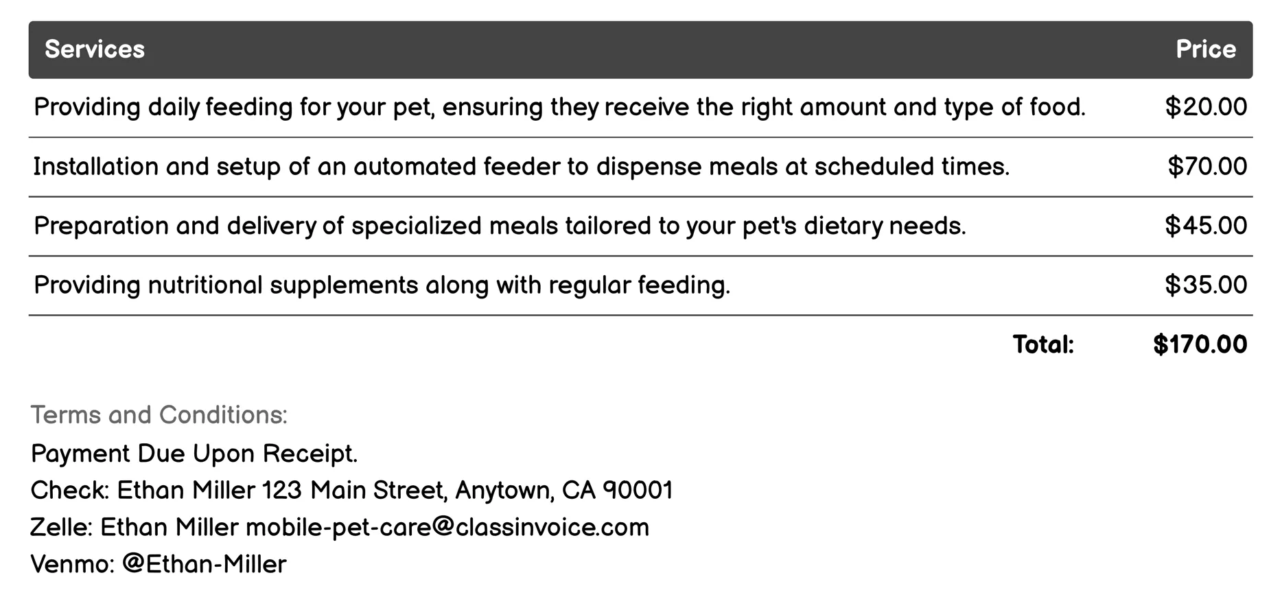 Feeding Services Invoice Example