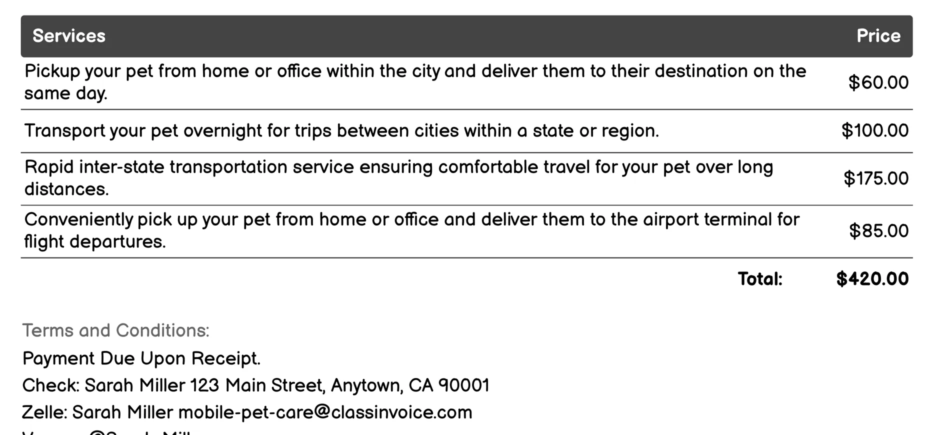 Pet Transportation Invoice Example