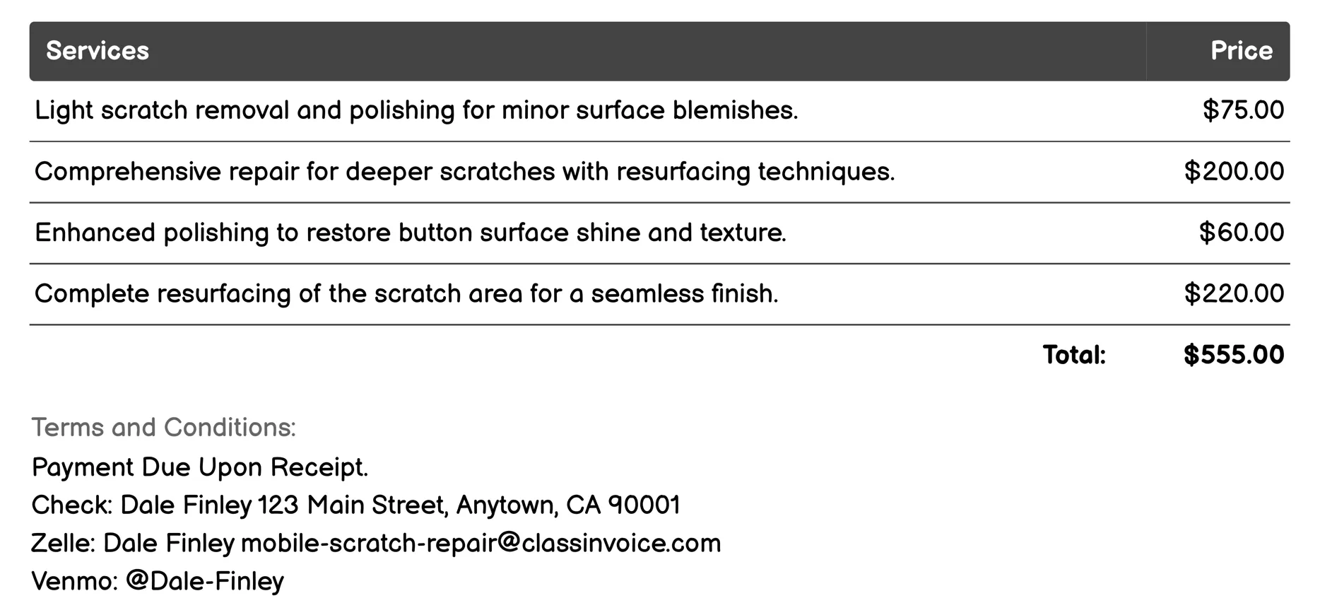 Button Surface Restoration Invoice Example