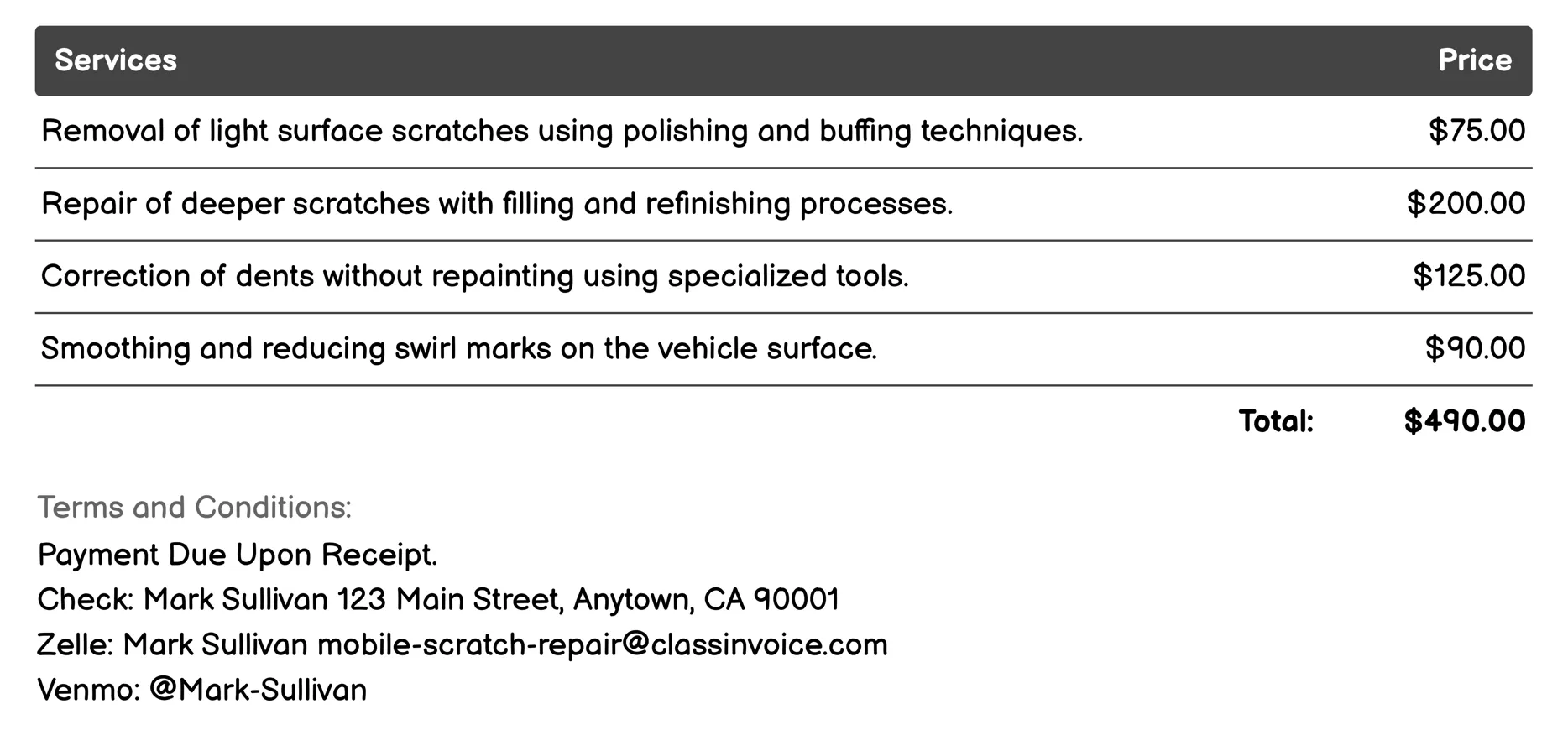 Paintwork Fix Invoice Example