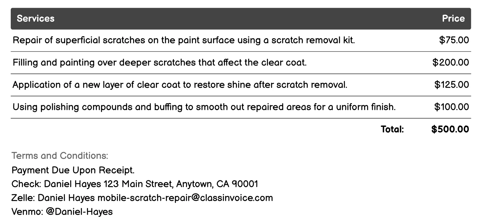 Scratch Removal Invoice Example