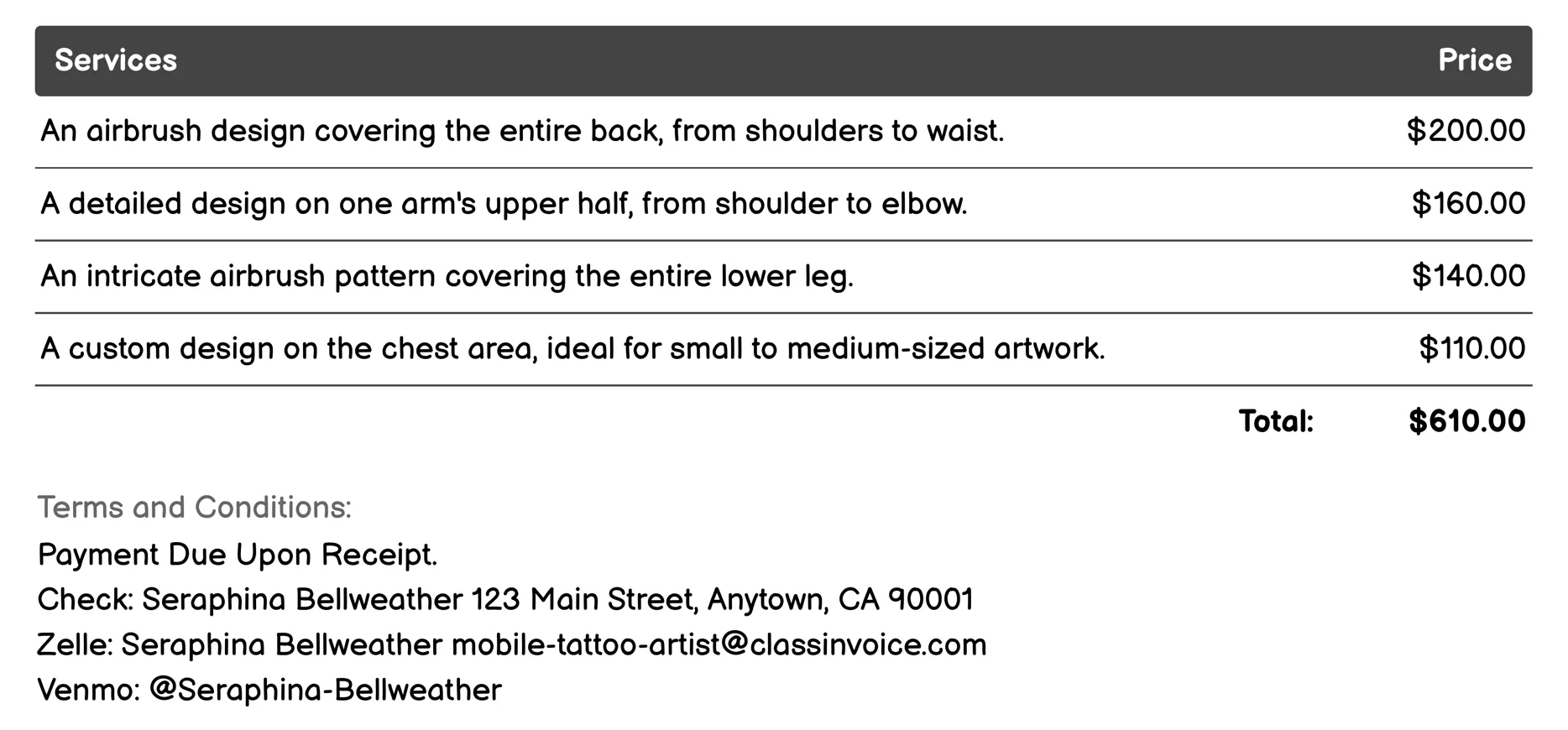 Airbrush Body Art Invoice Example