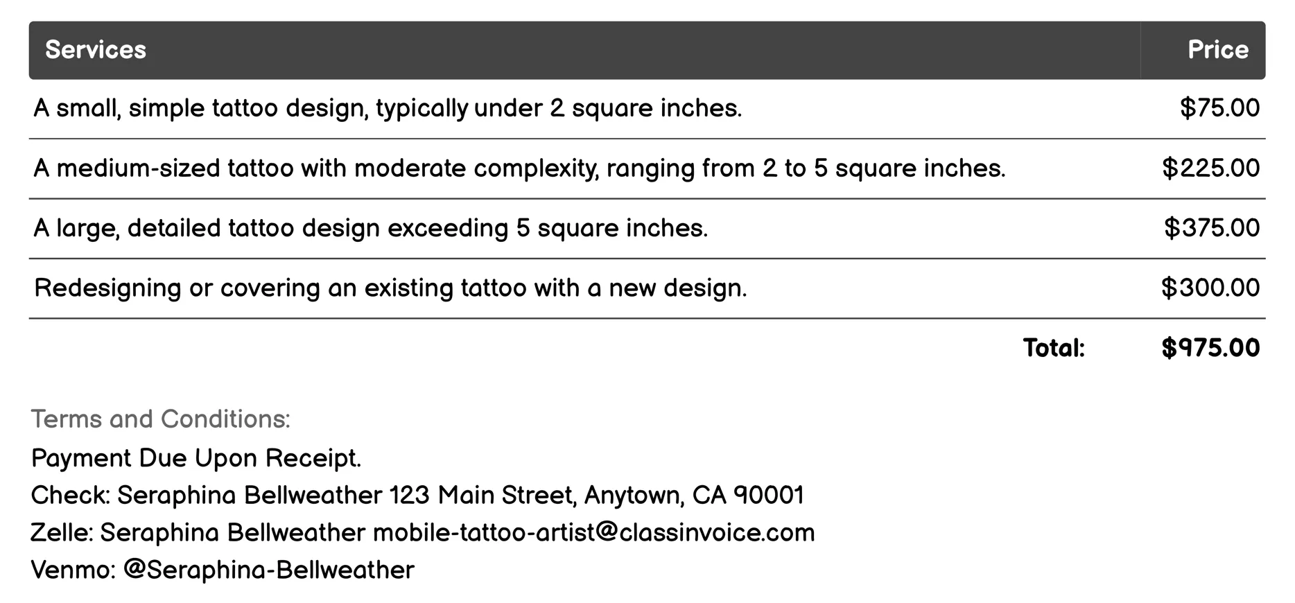 Permanent Tattoos Invoice Example