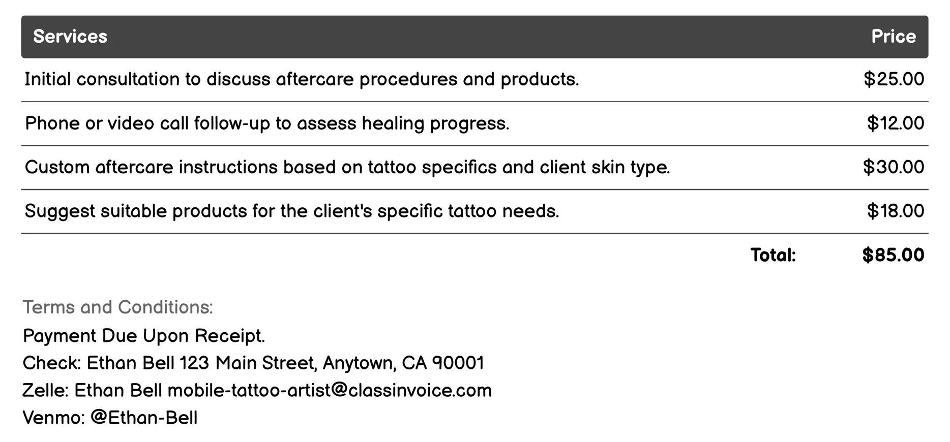 Tattoo Aftercare Consultation Invoice Example