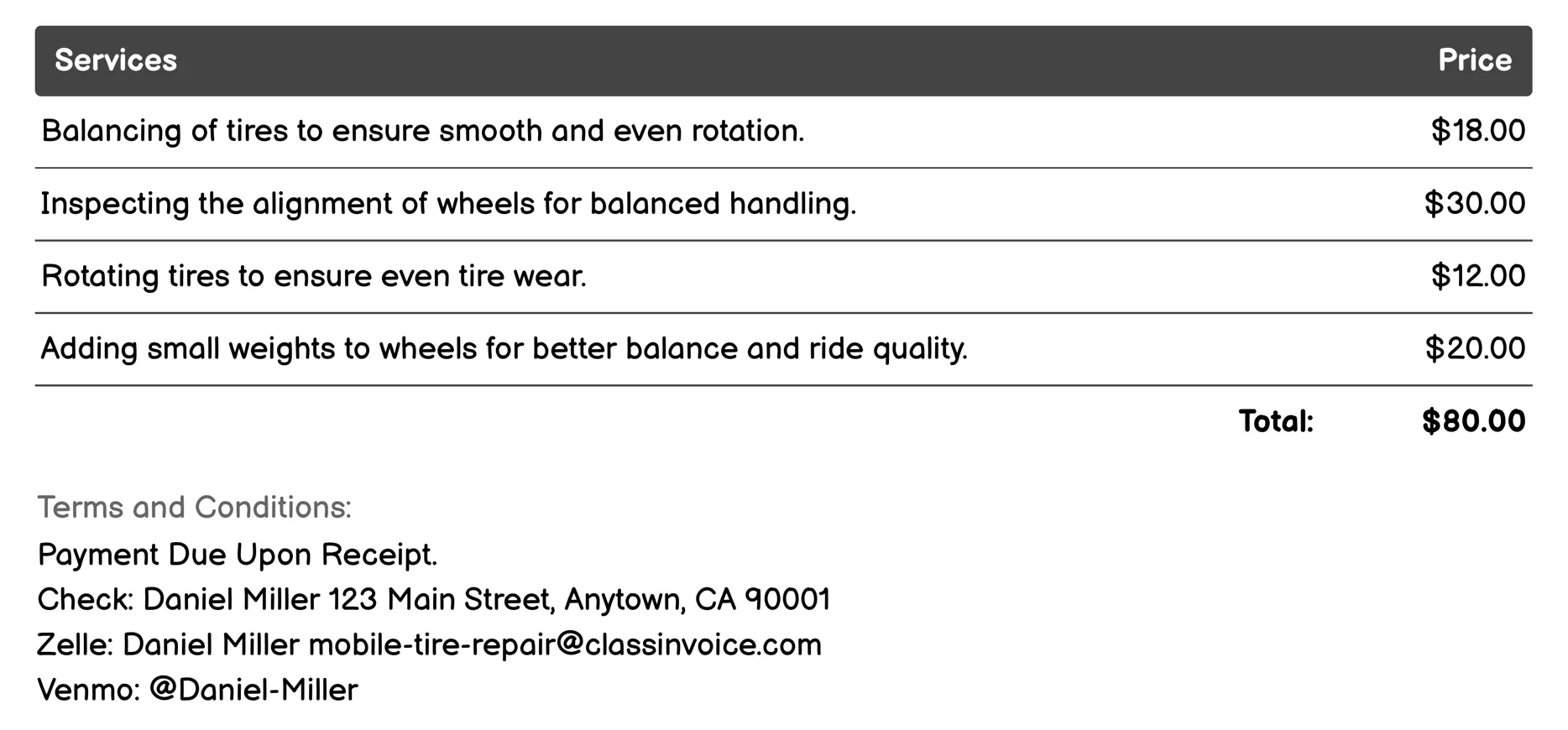 Balance & Rotate Tires Invoice Example