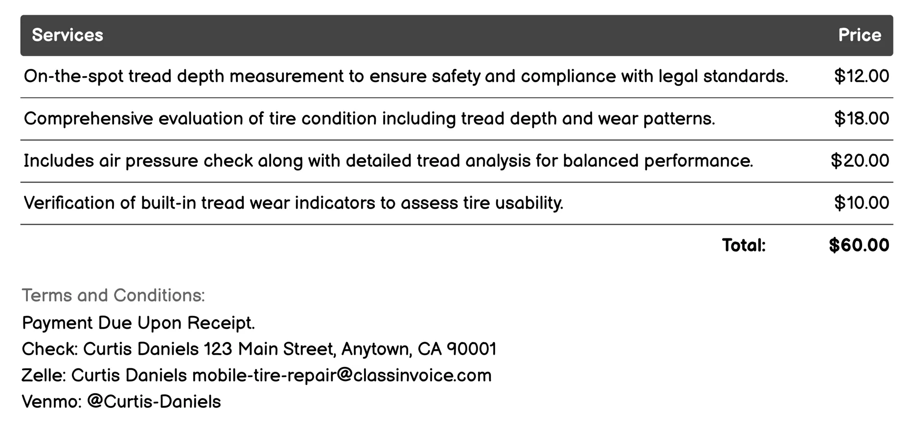 Tread Depth Check Invoice Example
