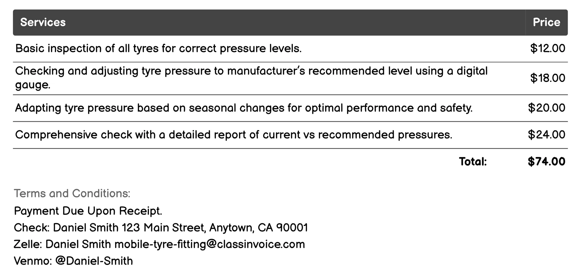 Pressure Check and Adjustment Invoice Example
