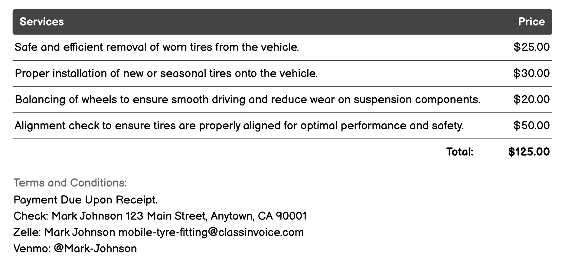 Seasonal Tire Changeover Invoice Example