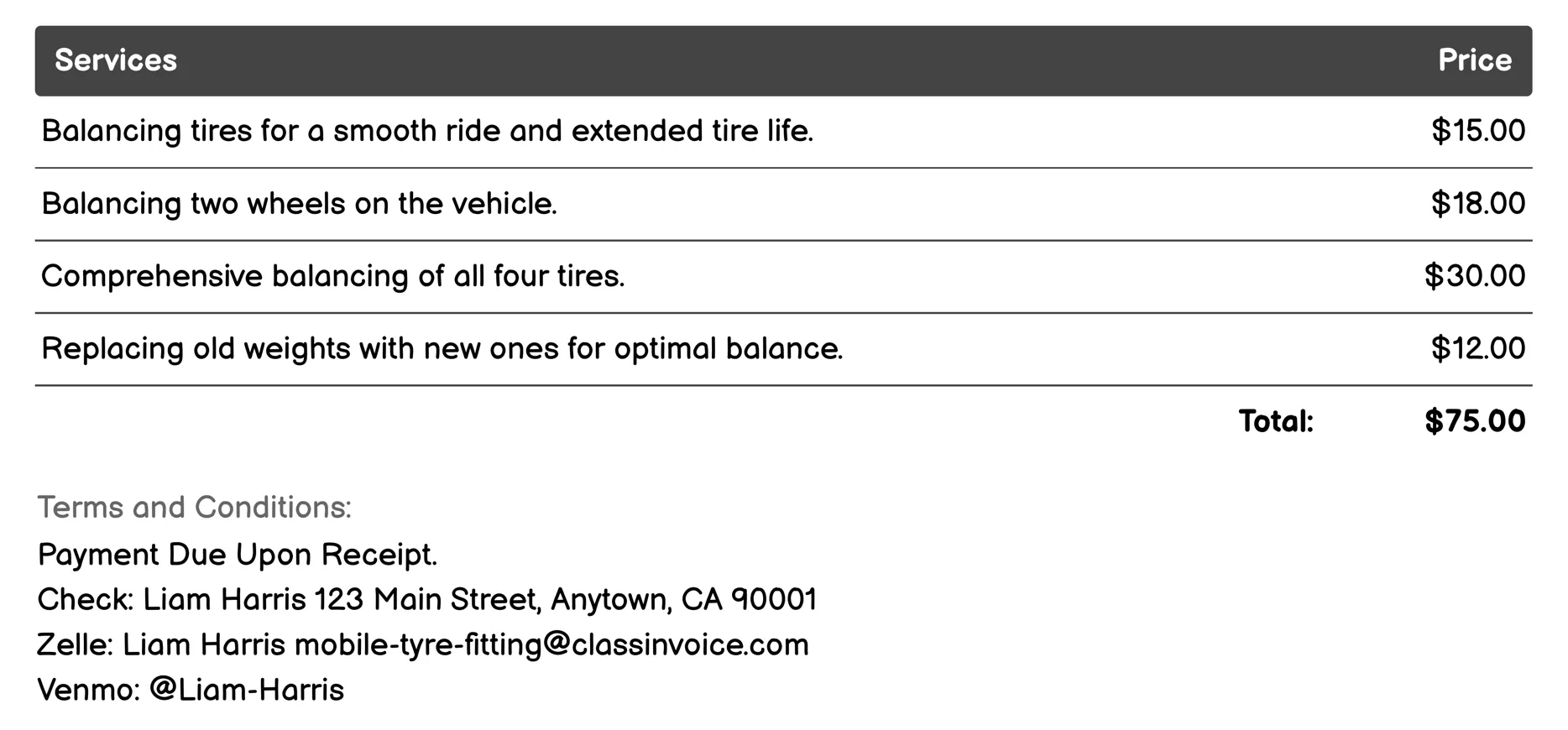 Tire Balancing Invoice Example