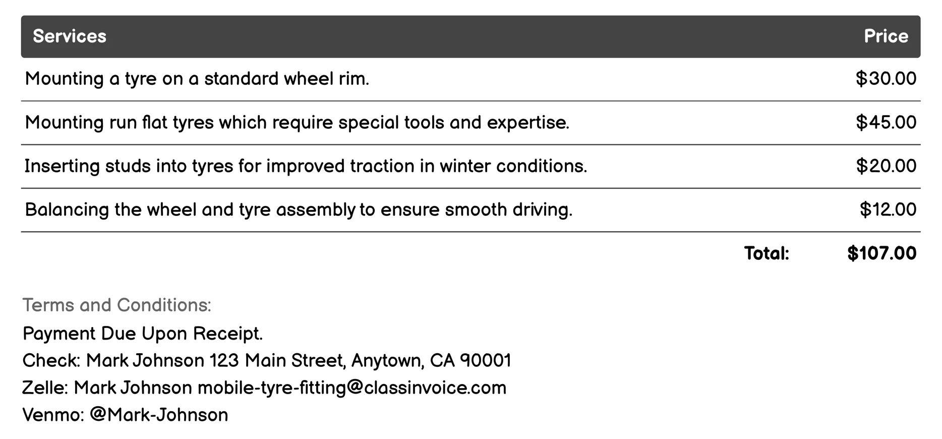 Tire Mounting Service Invoice Example