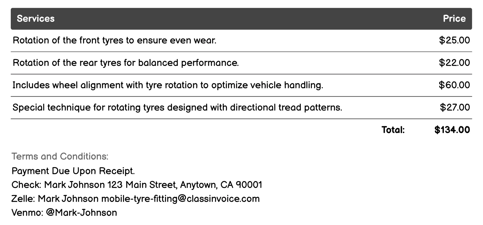 Tire Rotation Invoice Example