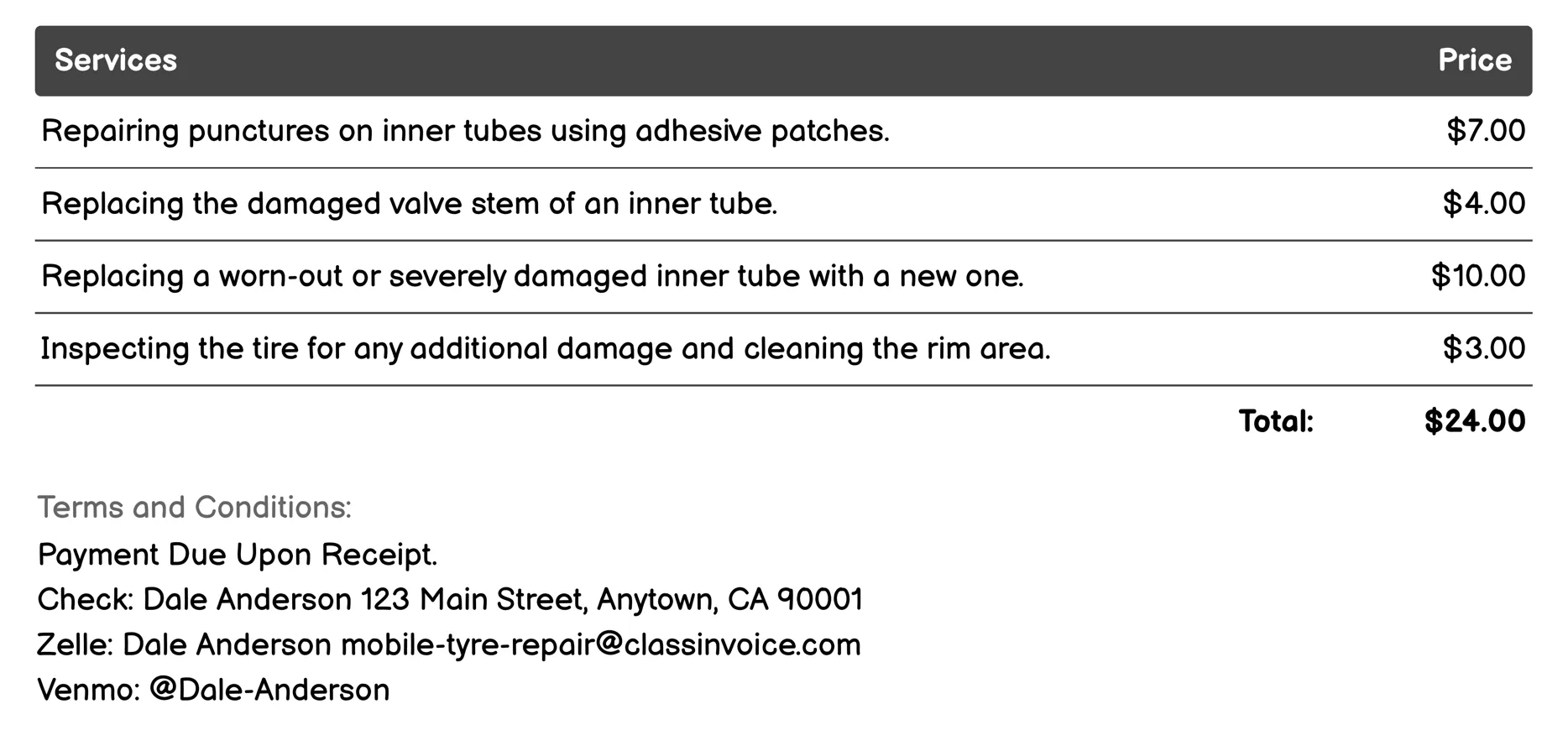 Inner Tube Repair Invoice Example