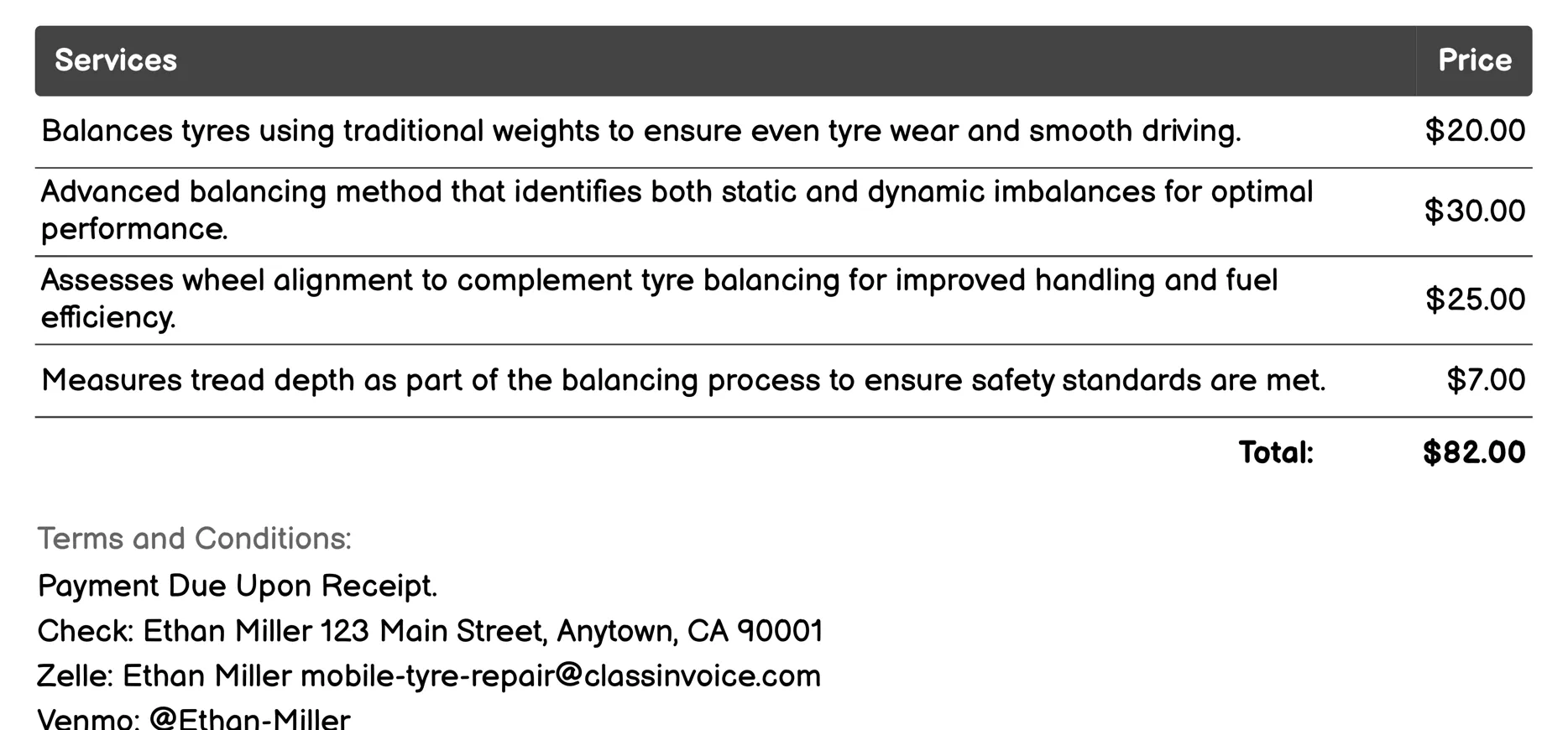 Tire Balancing Invoice Example