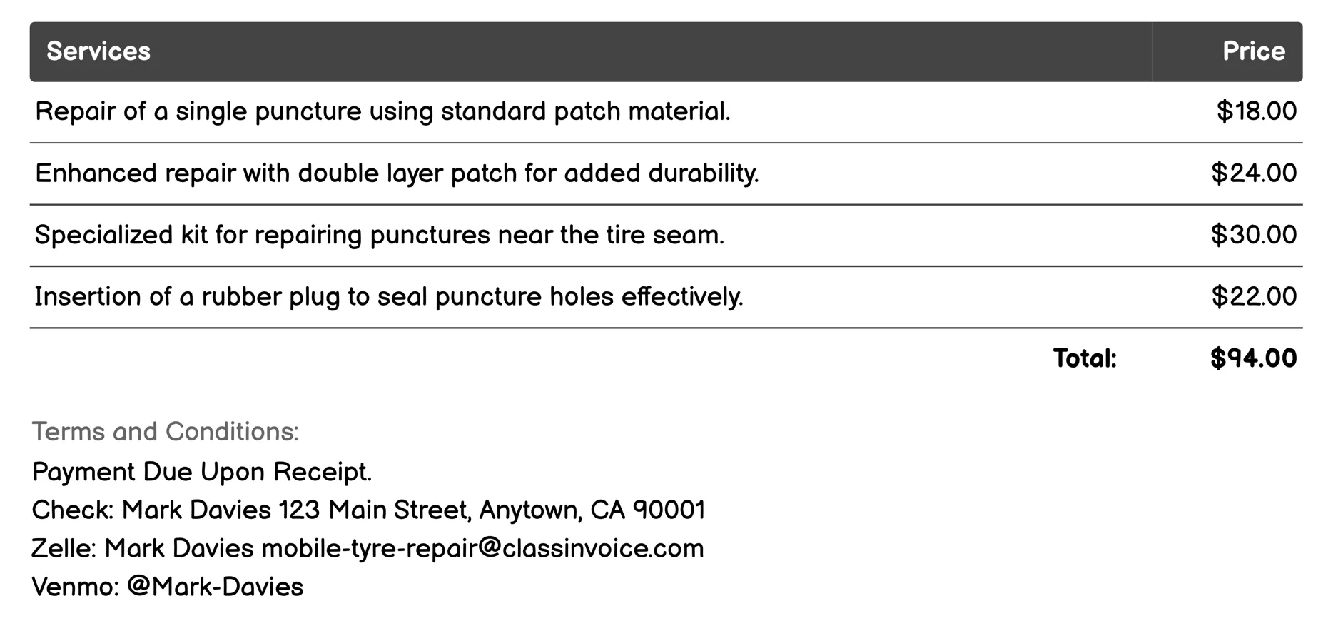 Tire Patching Invoice Example