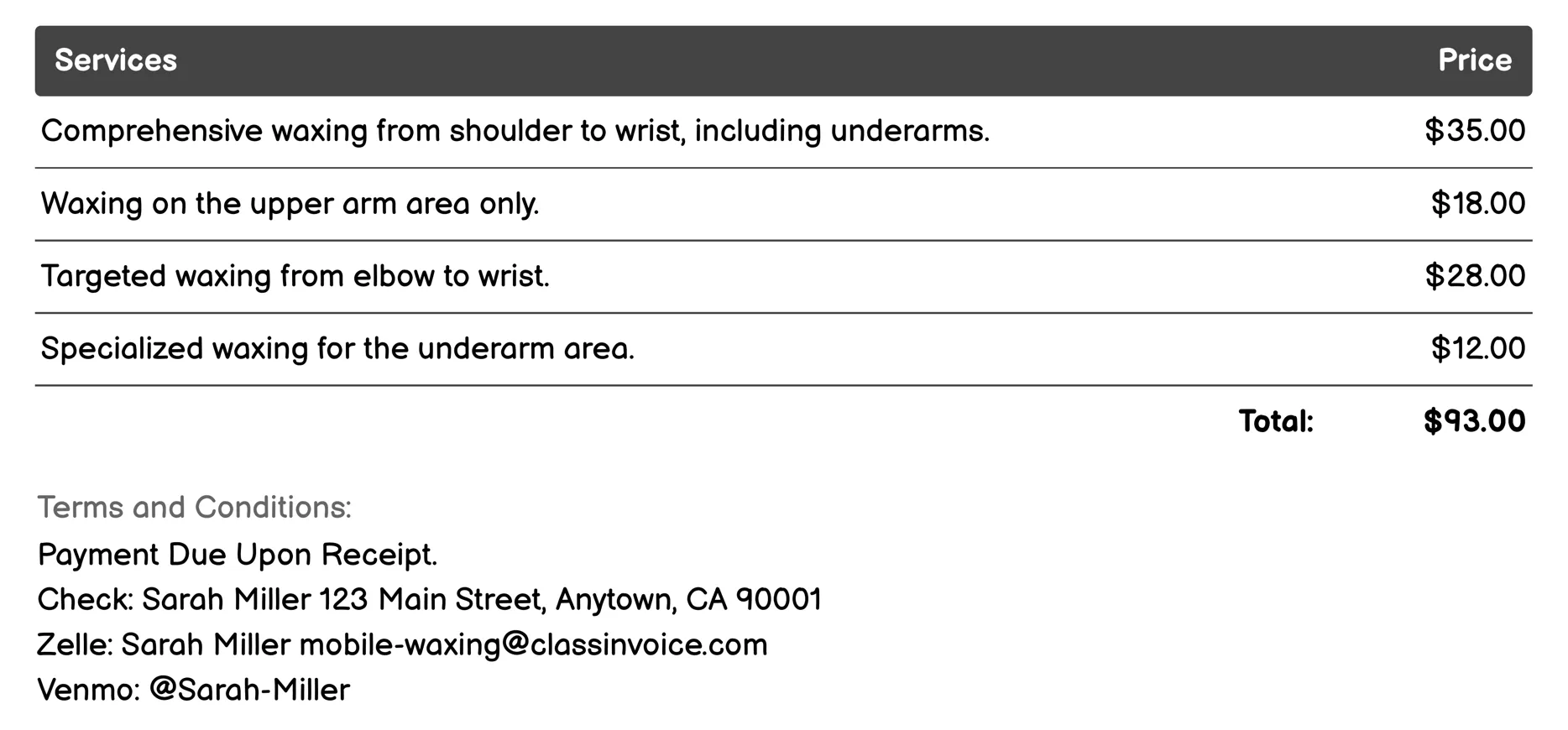 Arms Waxing Invoice Example