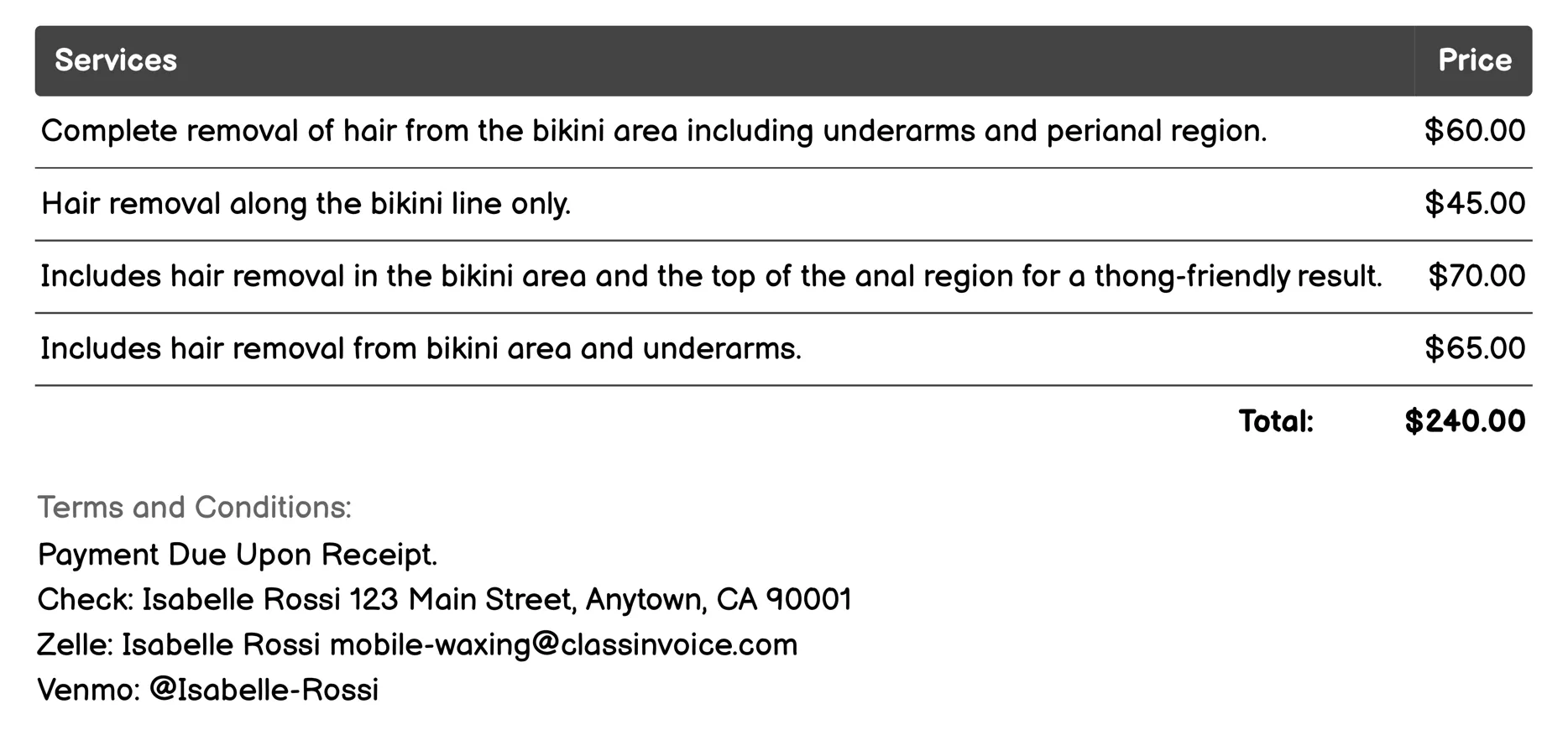 Brazilian Waxing Invoice Example
