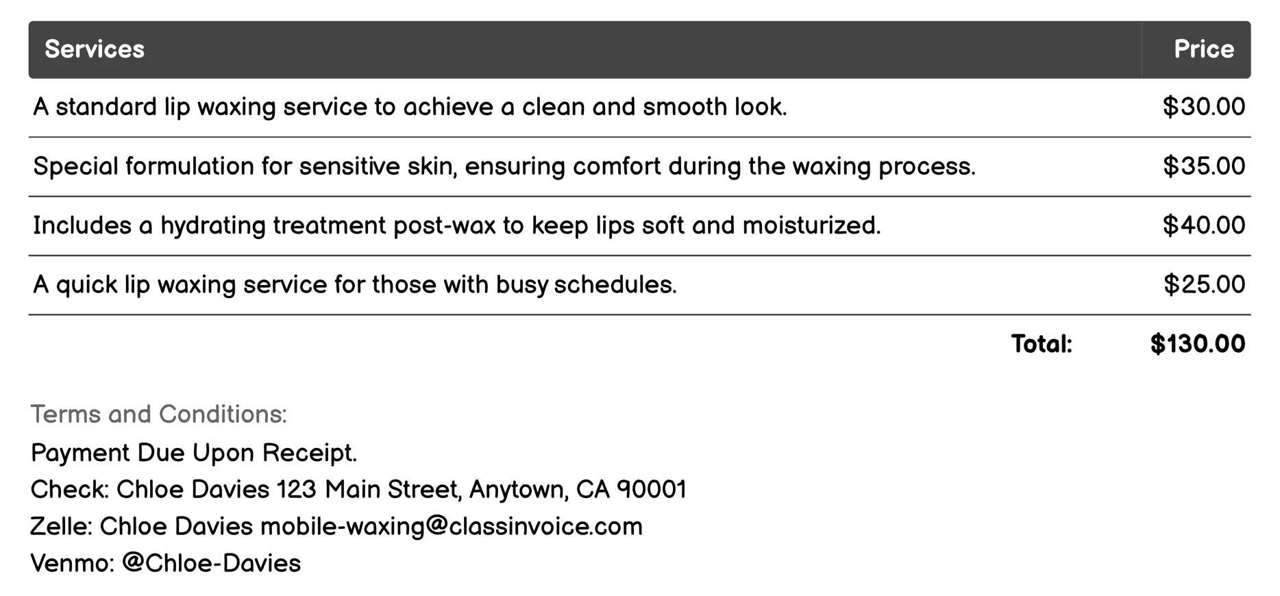 Lip Waxing Invoice Example
