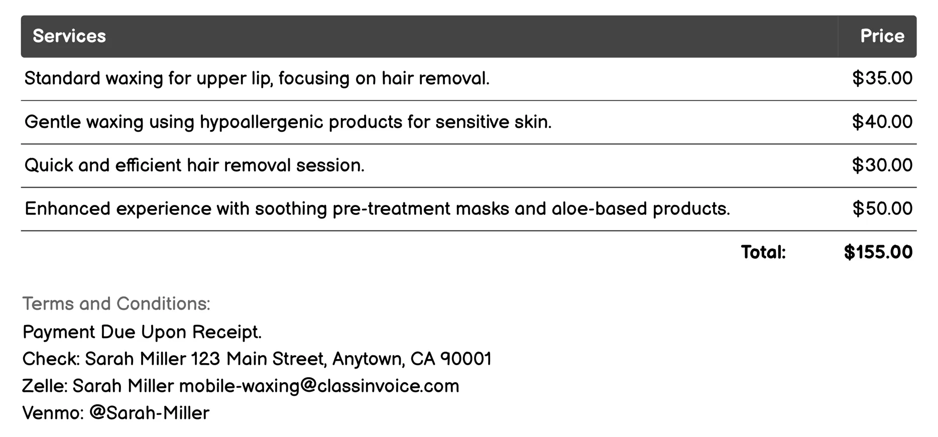 Upper Lip Waxing Invoice Example