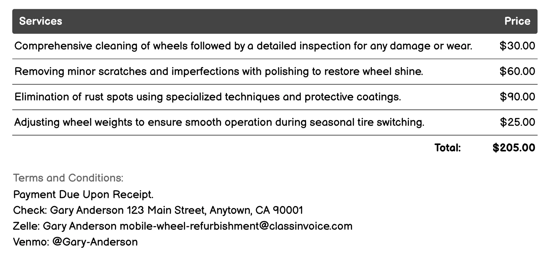 Seasonal Tire Switching Invoice Example