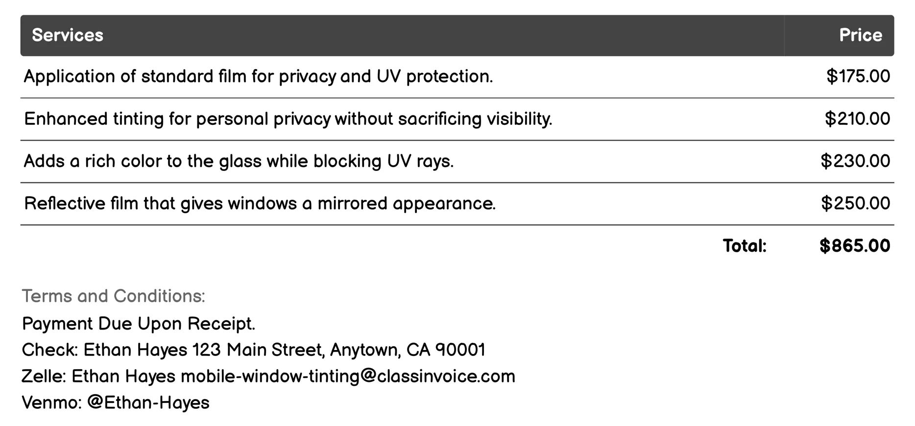 Aesthetic Enhancement Tint Invoice Example