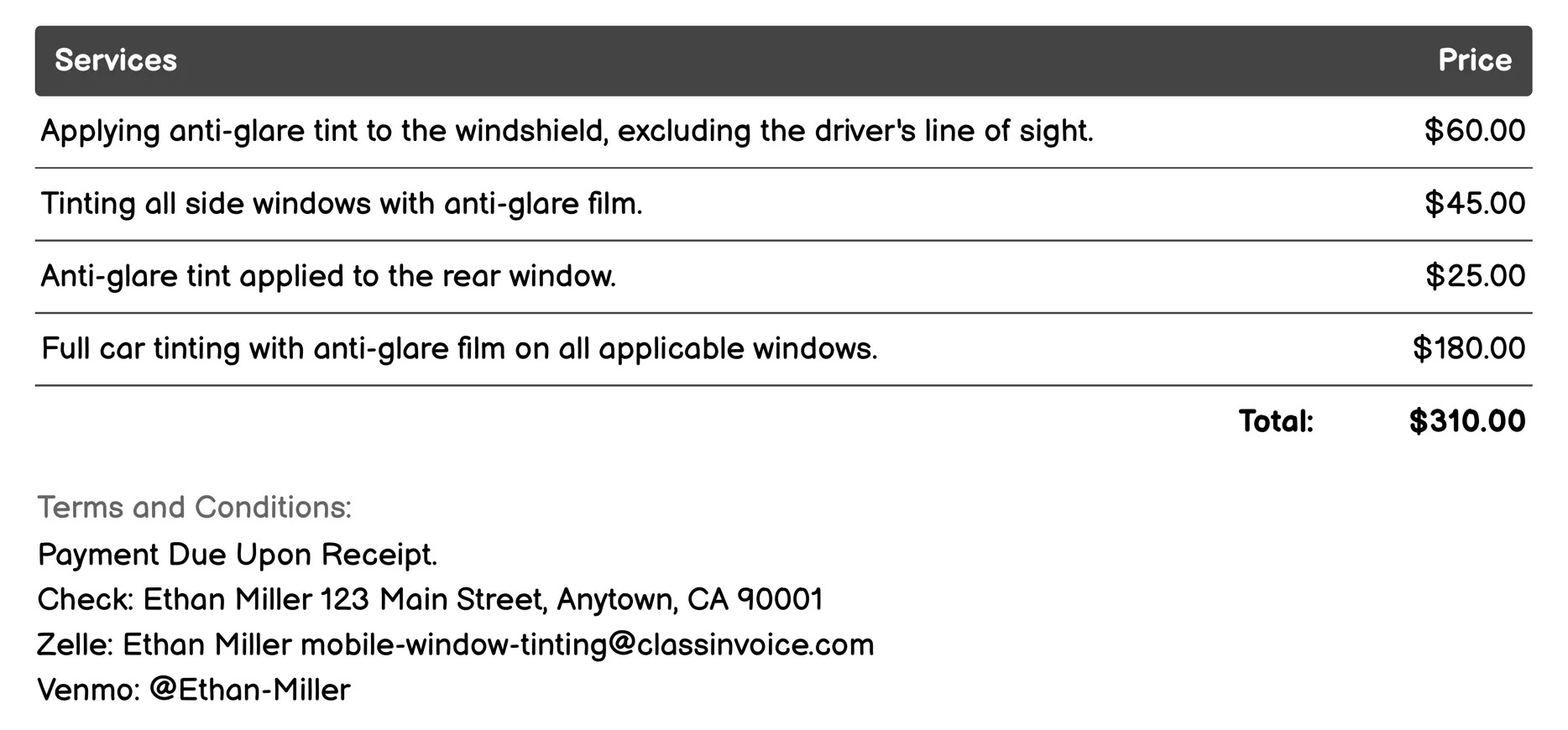 Anti-Glare Tint Invoice Example