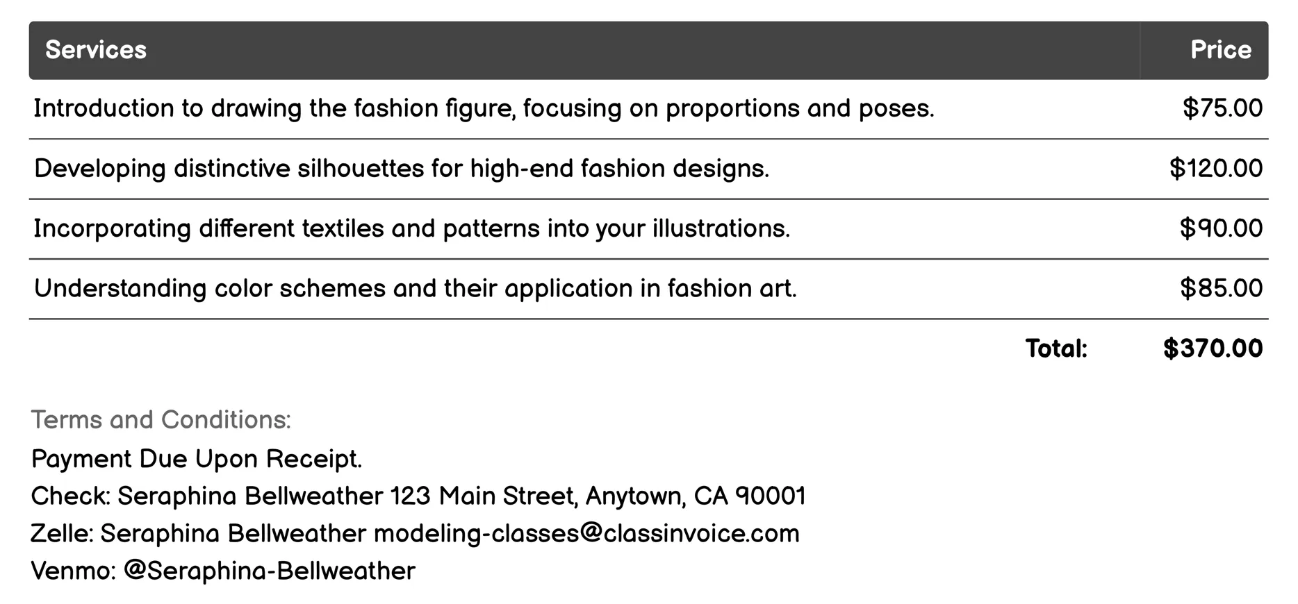 Fashion Illustration Classes Invoice Example