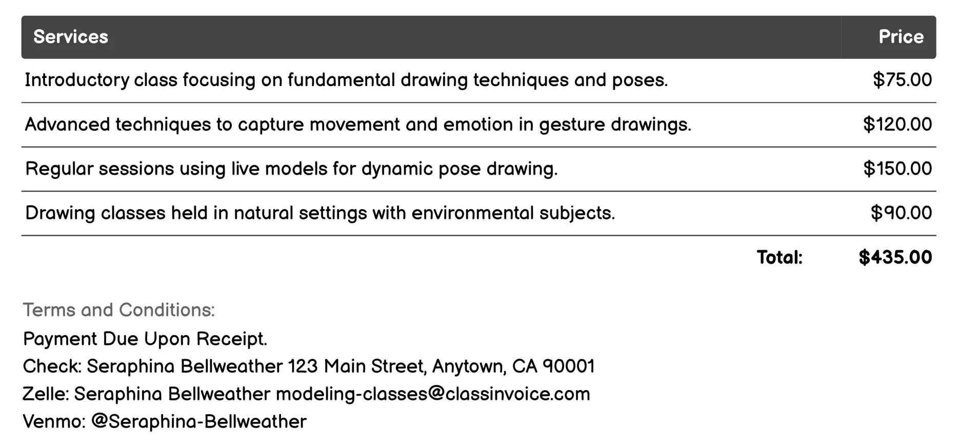Gesture Drawing Classes Invoice Example