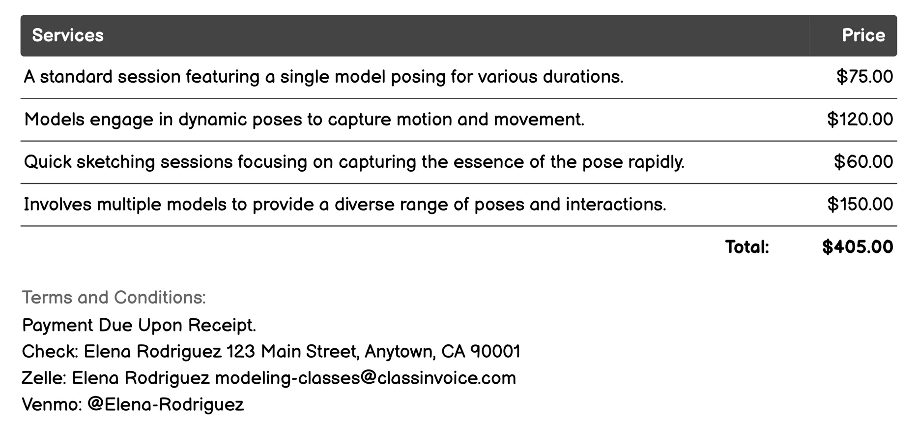 Life Drawing Workshops Invoice Example