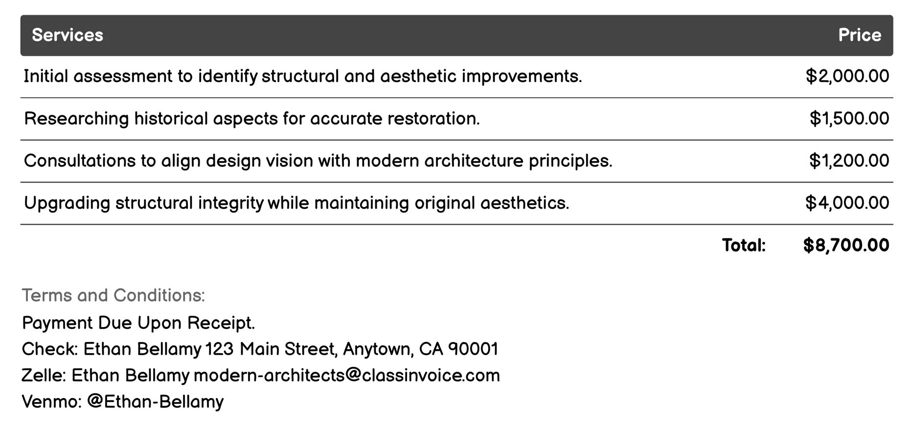 Renovation and Restoration Services Invoice Example