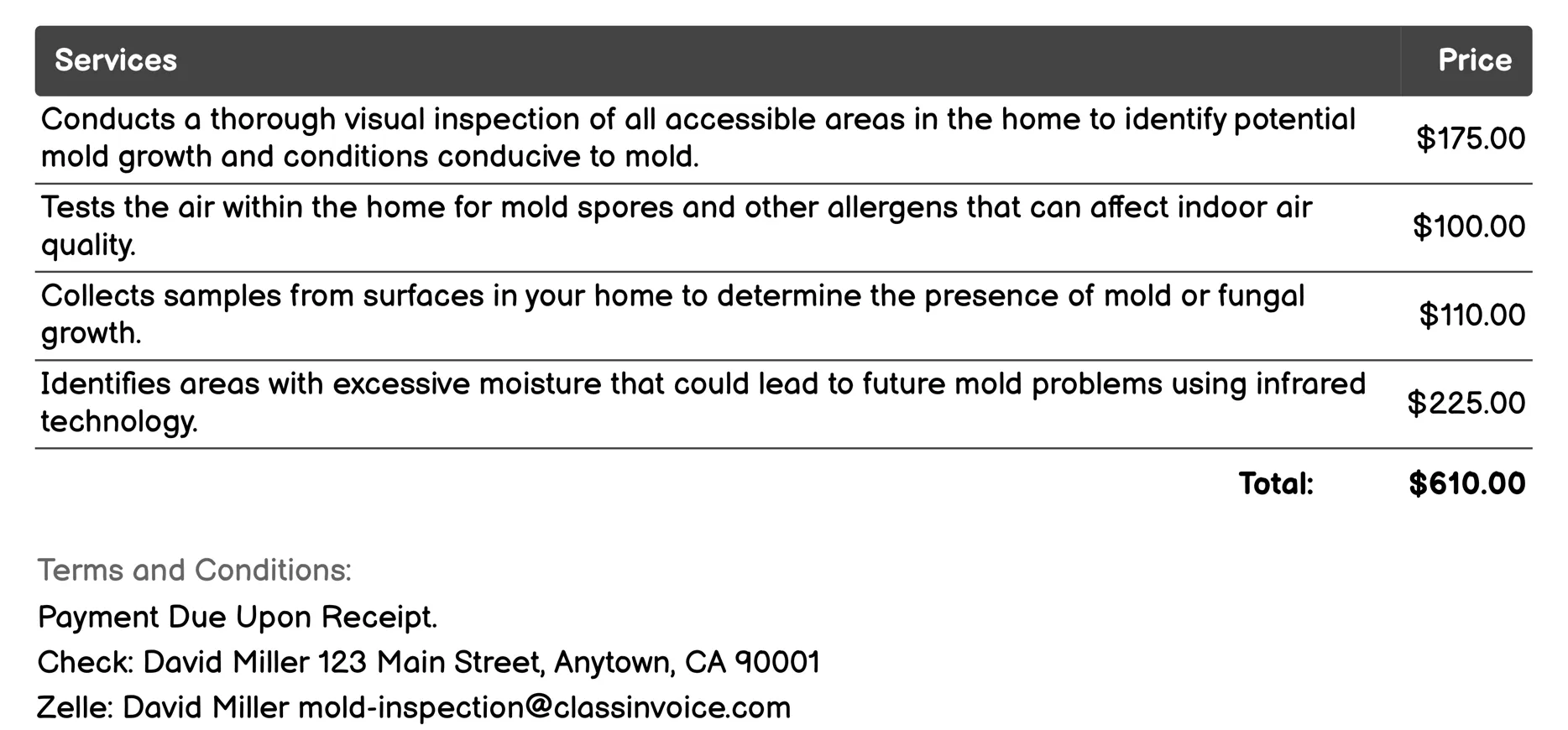 Home Mold Inspection Invoice Example