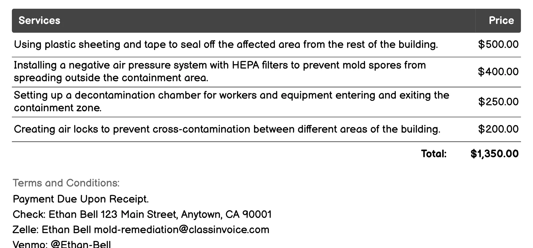Containment Invoice Example