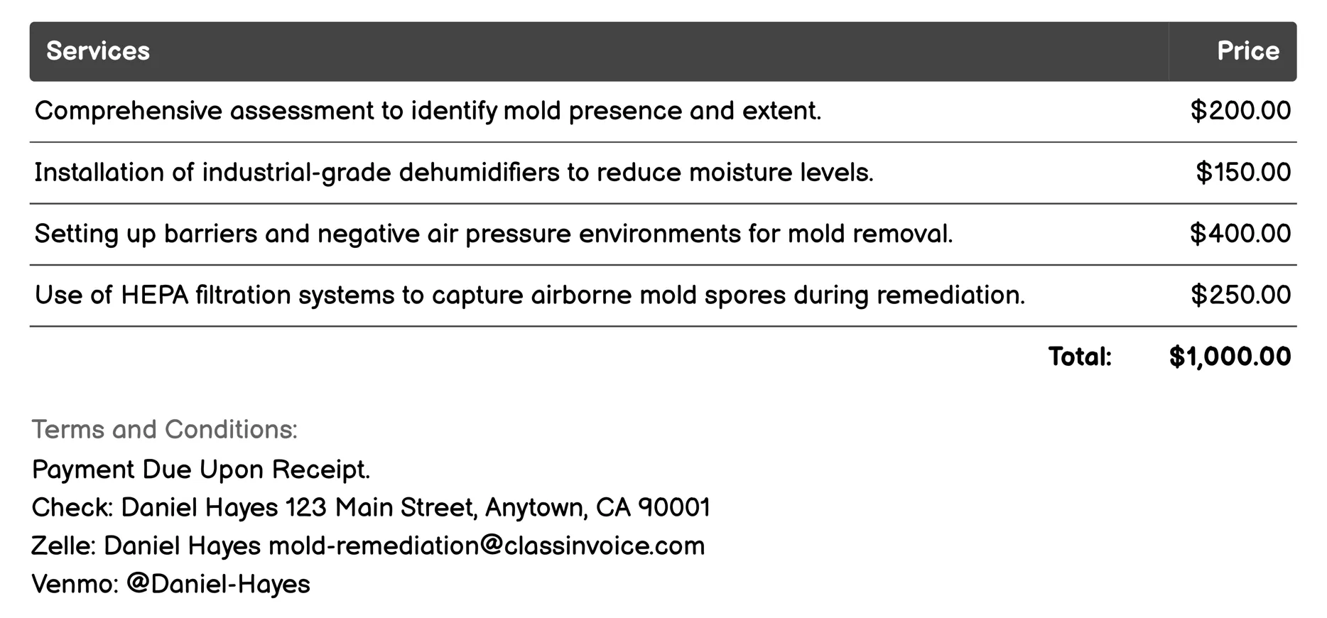 Dehumidification Invoice Example
