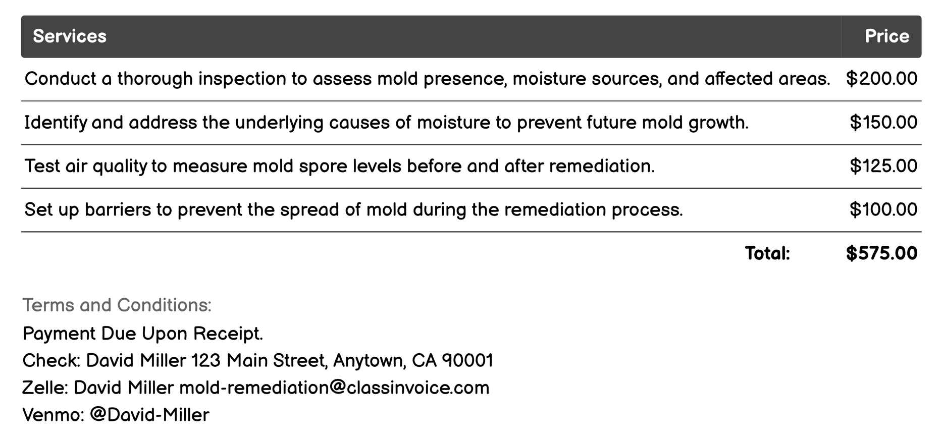 Moisture Control and Prevention Invoice Example